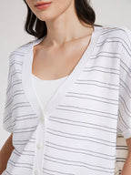 Elegant Women's Spring Summer Wool Short Sleeve Cardigan V-Neck Batwing Sleeve Striped Pattern Button Front Detail Premium Soft Breathable Fabric Versatile Top
