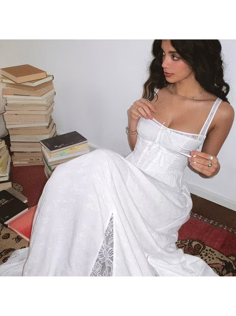 Women'S Dress Features Exquisite Lace Details, a Square Neckline Design, Is Sleeveless, And Comes with a Belt