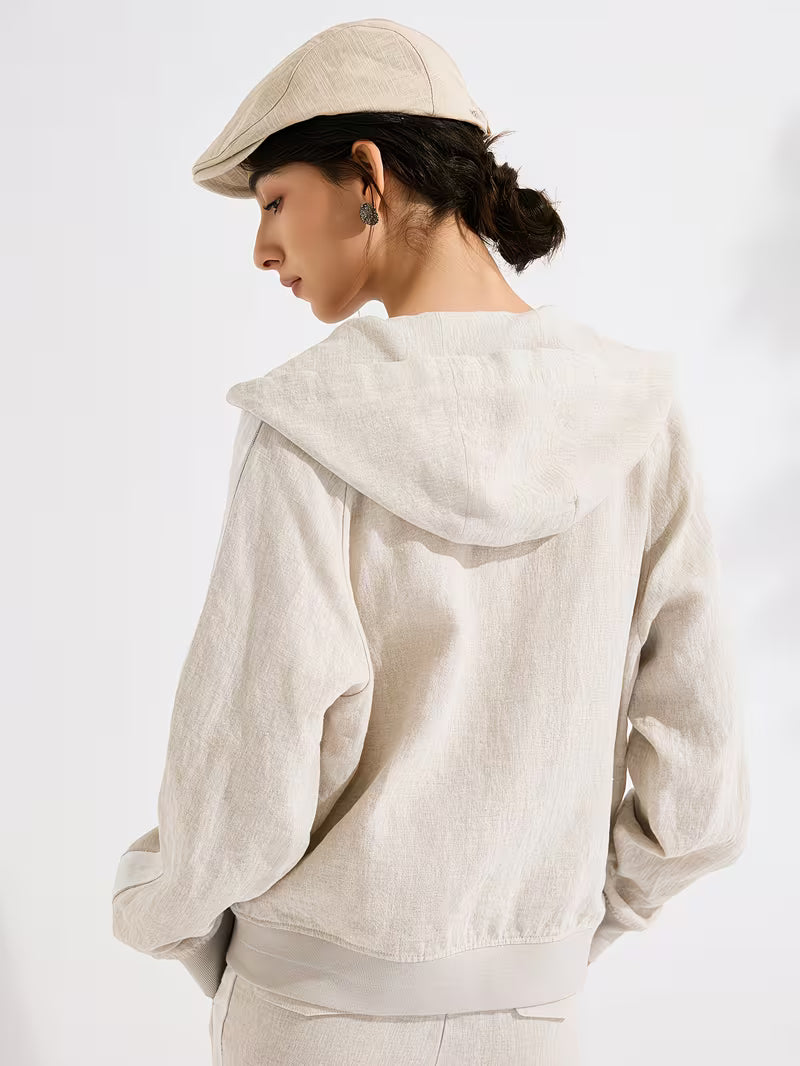 Effortless Linen Hooded Jacket For Women, 100% Linen Shell With 100% Lining, Full-Zip Relaxed Fit, Breathable Natural Fiber Outerwear