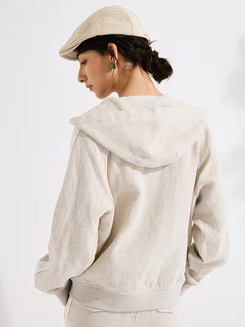 Effortless Linen Hooded Jacket For Women, 100% Linen Shell With 100% Lining, Full-Zip Relaxed Fit, Breathable Natural Fiber Outerwear