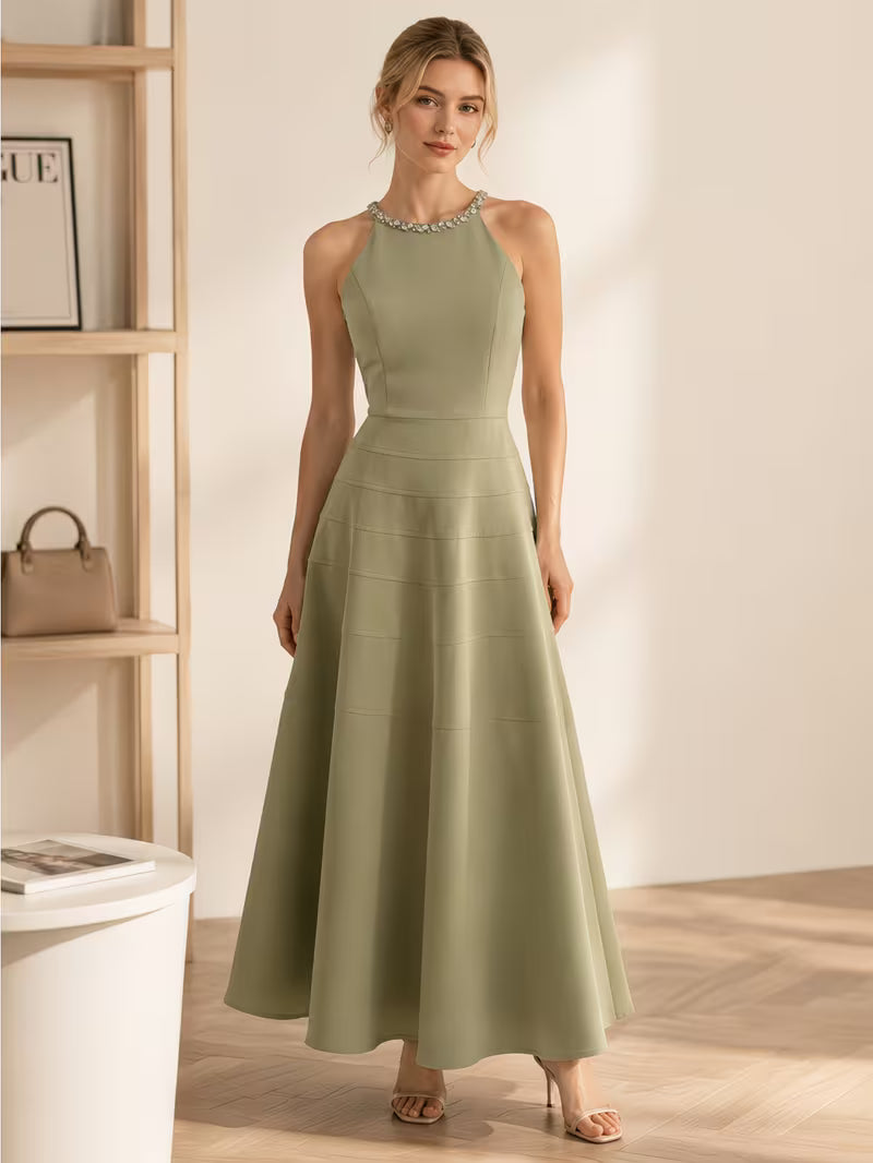 Halter Neck Rhinestone Embellished Sleeveless Slim Waist Dress for Women Daily Office Dating Casual Wear