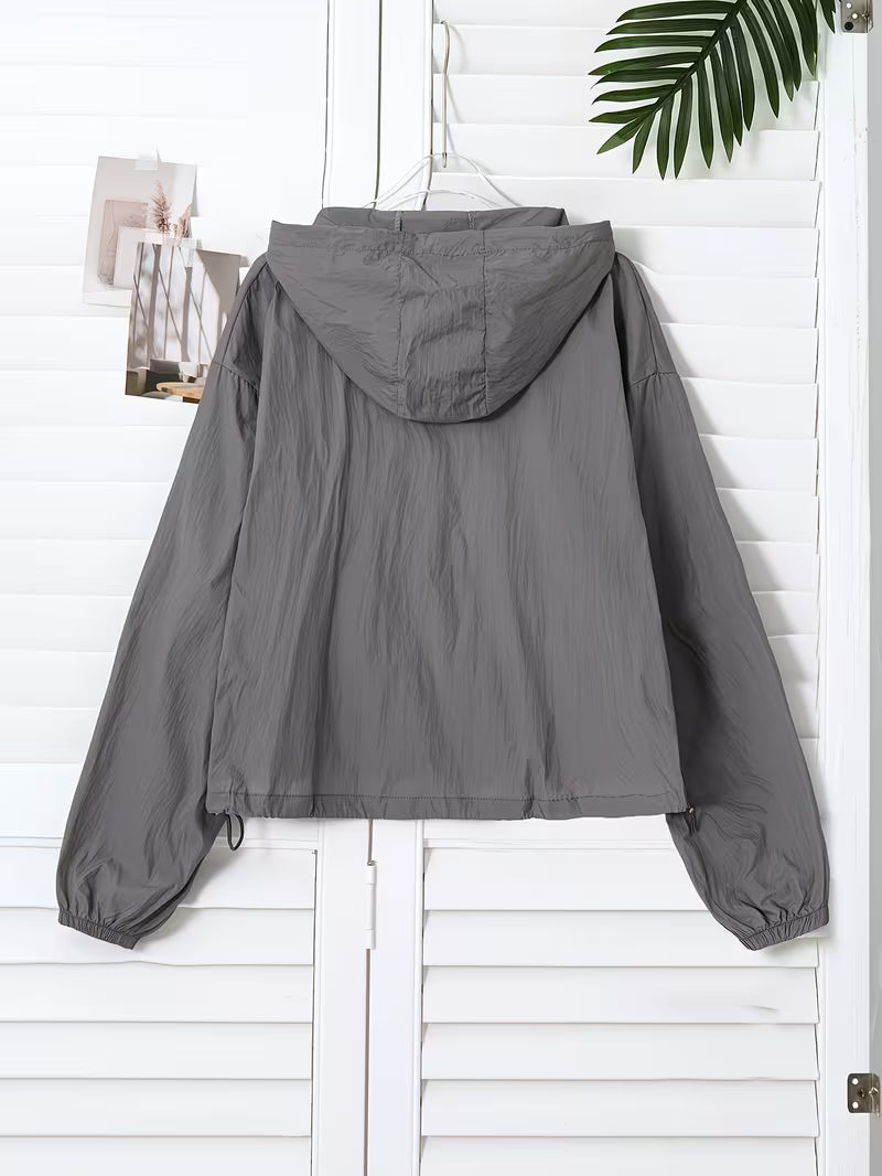 Women'S Long Sleeve Short Hooded Zippered Jacket | Casual Non-Stretch Solid Color Jacket