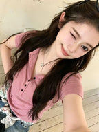 Korean Style Button Detail Slim Fit Short Sleeve T-Shirt for Women, Casual Summer Henley Neck Top, Daily Wear Basic Tee