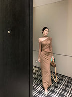 Original Design French-Style Vintage Braided Braid Mesh Hollow-Out Patchwork Off-Shoulder Slim Fit Gown Long Dress