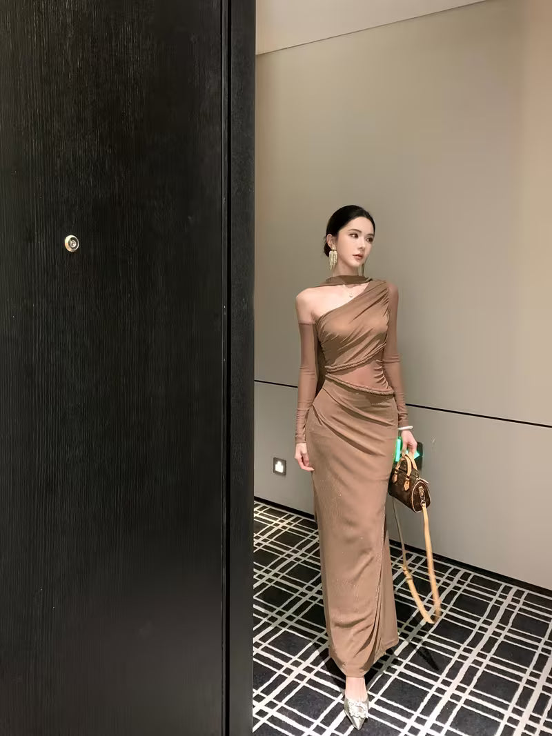 Original Design French-Style Vintage Braided Braid Mesh Hollow-Out Patchwork Off-Shoulder Slim Fit Gown Long Dress