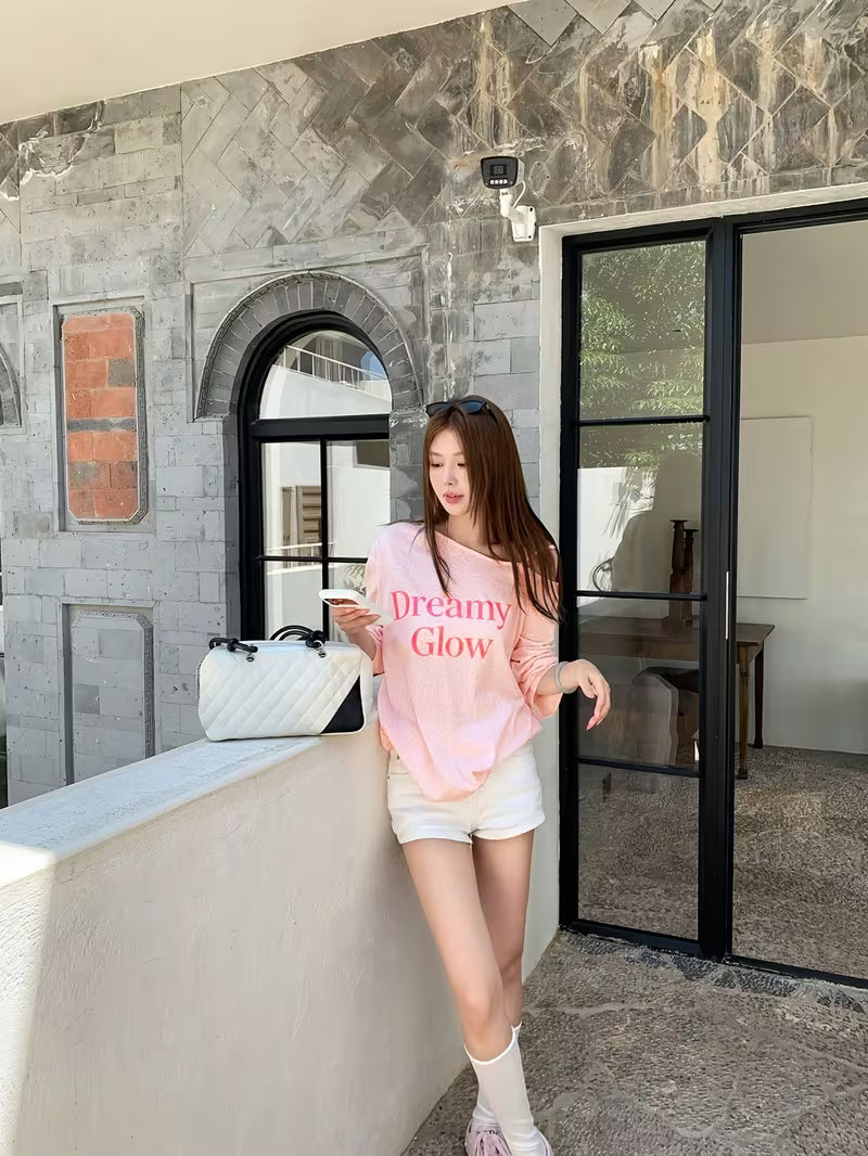 Korean Style Elegant Youthful Pink Letter Print Long Sleeve T-shirt Women Summer Thin Loose Casual Designer Niche Top