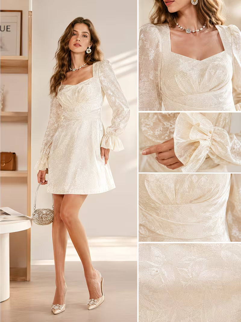 Women Square Neck Lace Spliced Flare Sleeve Short Dress