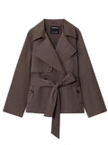 Wide Lapel Epaulet Short Trench Coat Women Detachable Waist Tie Double Breasted Loose Drop Shoulder Long Sleeve Coffee Petite Commuter
