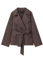 Wide Lapel Epaulet Short Trench Coat Women Detachable Waist Tie Double Breasted Loose Drop Shoulder Long Sleeve Coffee Petite Commuter