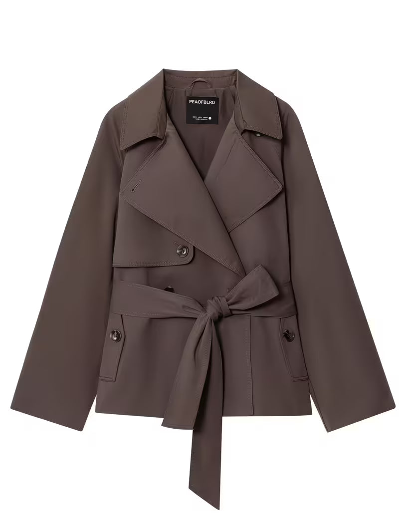 Wide Lapel Epaulet Short Trench Coat Women Detachable Waist Tie Double Breasted Loose Drop Shoulder Long Sleeve Coffee Petite Commuter