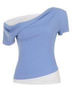 Korean Style Gentle Girly Blue Polka Dot Print 2-in-1 Look Off-Shoulder Women's T-Shirt, Cowl Neck Off-Shoulder Waist-Cinching Hot Short Sleeve Summer New Arrival Daily Wear Women's Top