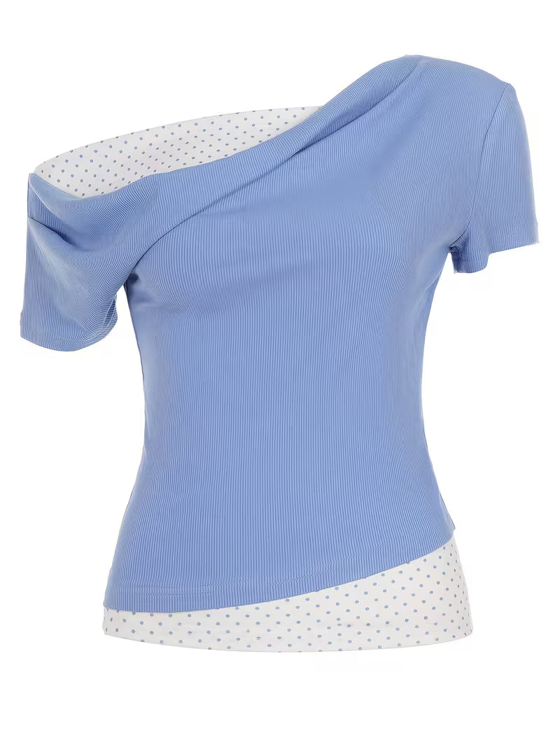 Korean Style Gentle Girly Blue Polka Dot Print 2-in-1 Look Off-Shoulder Women's T-Shirt, Cowl Neck Off-Shoulder Waist-Cinching Hot Short Sleeve Summer New Arrival Daily Wear Women's Top