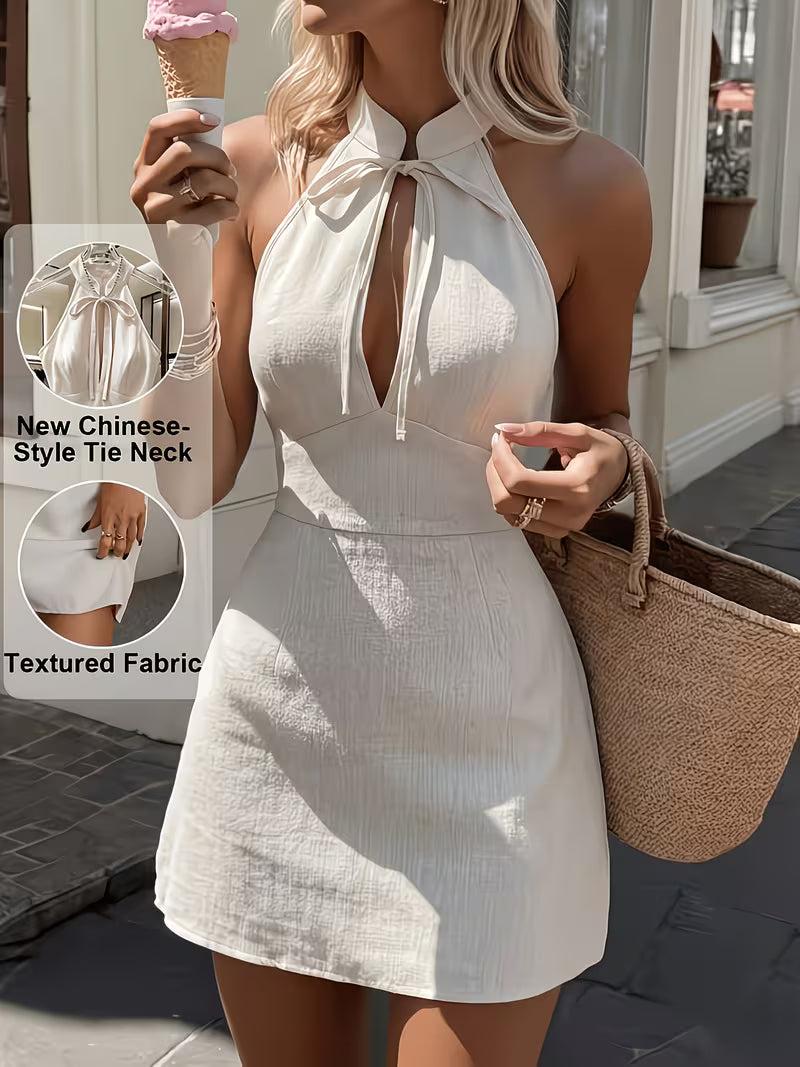 Women's French Vintage Chinese Cheongsam Dress - -Neck Hollow Stand Collar A-Line Dress with Fabric, Sleeveless Boho Beach Dress