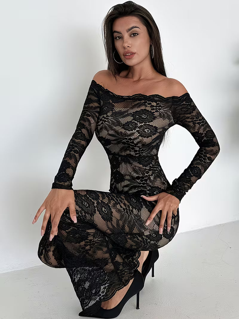 Aesthetic Off-the-Shoulder Lace Maxi Dress, Off-Shoulder Neck, Long Sleeves, Slim Fit, High Slit Sheer Lace