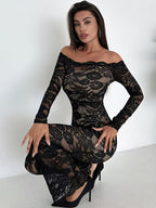 Aesthetic Off-the-Shoulder Lace Maxi Dress, Off-Shoulder Neck, Long Sleeves, Slim Fit, High Slit Sheer Lace