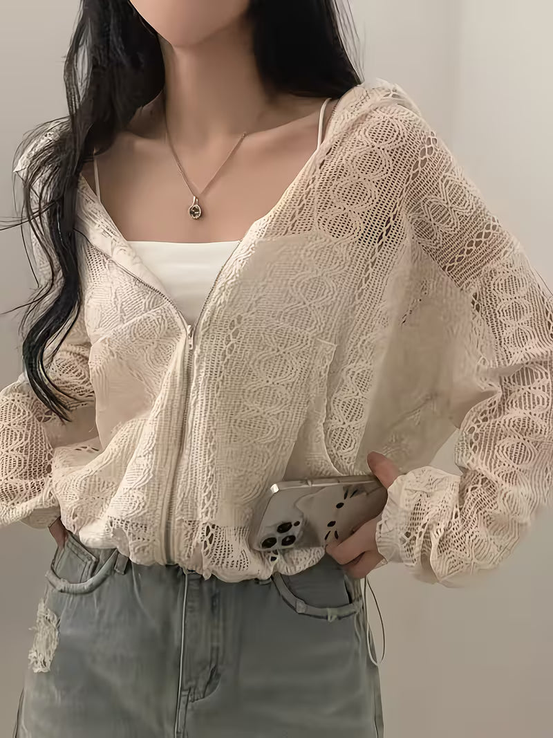 New Age-Reducing Hollow Jacquard Drawstring Hem Long Sleeve Hooded Lace Sunscreen Coat