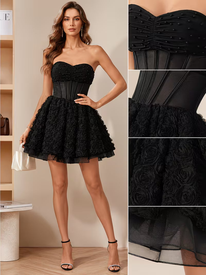 Women Strapless Mesh Spliced Short Dress with 3D Floral Decorations