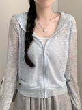 Korean Chic Summer Relaxed Zip-Up Hooded Loose Thin Sweater Women'S Long Sleeve Cardigan Jacket Trendy Fashion Commute Daily Versatile Jacket Sunscreen Shirt
