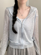 Korean Chic Summer Relaxed Zip-Up Hooded Loose Thin Sweater Women'S Long Sleeve Cardigan Jacket Trendy Fashion Commute Daily Versatile Jacket Sunscreen Shirt