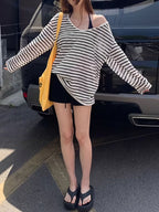 Women's Y2K Off-Shoulder Cover-Up Top - Striped Semi-Sheer Blouse Shirt with Medium Stretch, Loose Beachwear Suitable for Poolside, Bathing Suit Layering