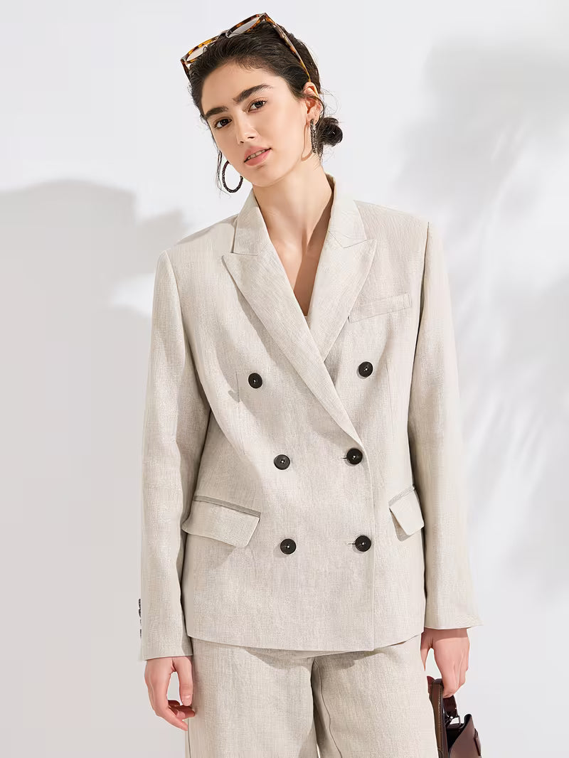 Women's Luxury Linen Blazer, 95% Linen with 100% Lining, Italian Inspired Double-Breasted Relaxed Fit Jacket, Lightweight Breathable Fabric