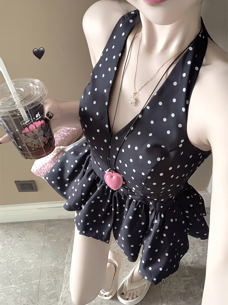 Women' Korean Dongdaemun Sexy V-Neck Halter Top - Backless High Waist Sleeveless Blouse Shirt with Polka Dot Bodice & Bud Hem
