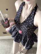 Women' Korean Dongdaemun Sexy V-Neck Halter Top - Backless High Waist Sleeveless Blouse Shirt with Polka Dot Bodice & Bud Hem
