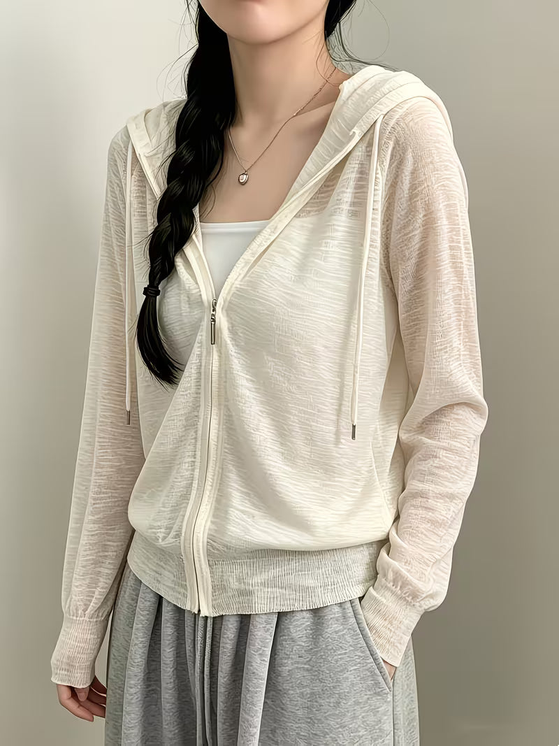 Korean Chic Summer Relaxed Zip-Up Hooded Loose Thin Sweater Women'S Long Sleeve Cardigan Jacket Trendy Fashion Commute Daily Versatile Jacket Sunscreen Shirt