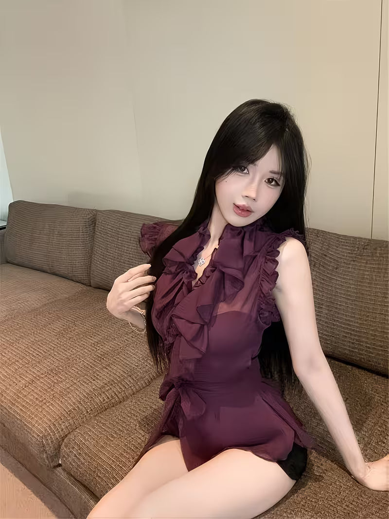 Summer New Purple Ruffled Flutter Sleeves Chiffon Blouse Women'S Sensual Ethereal Waist-Cinching Sleeveless Temperament Top