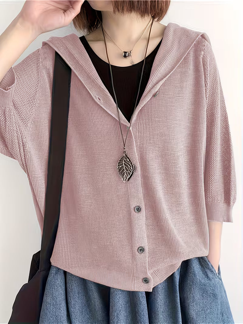 Fine Cardigan Jacket Women'S New Solid Loose Hooded Outerwear Thin Hollow Out Three-Quarter Sleeve Top