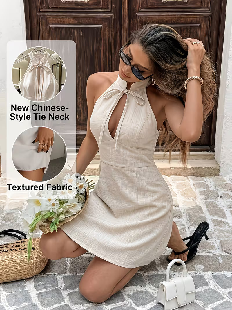 Women's French Vintage Chinese Cheongsam Dress - -Neck Hollow Stand Collar A-Line Dress with Fabric, Sleeveless Boho Beach Dress