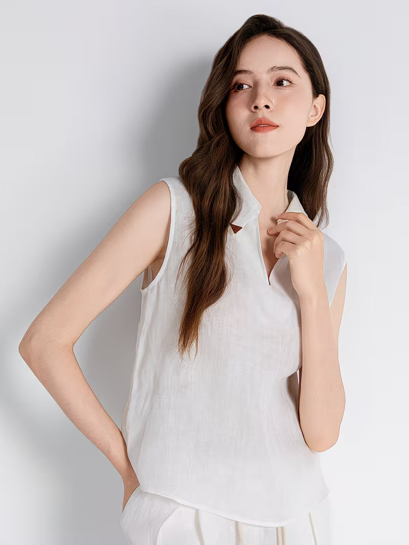 Women's 100% Linen LP Vest Blouse Trim Polo Neck Sleeveless Polyester Lining Summer Daily Top