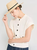 100% Linen Sequin Vest Women's Sleeveless Cardigan Elegant Round Neck Button Up Female Clothing