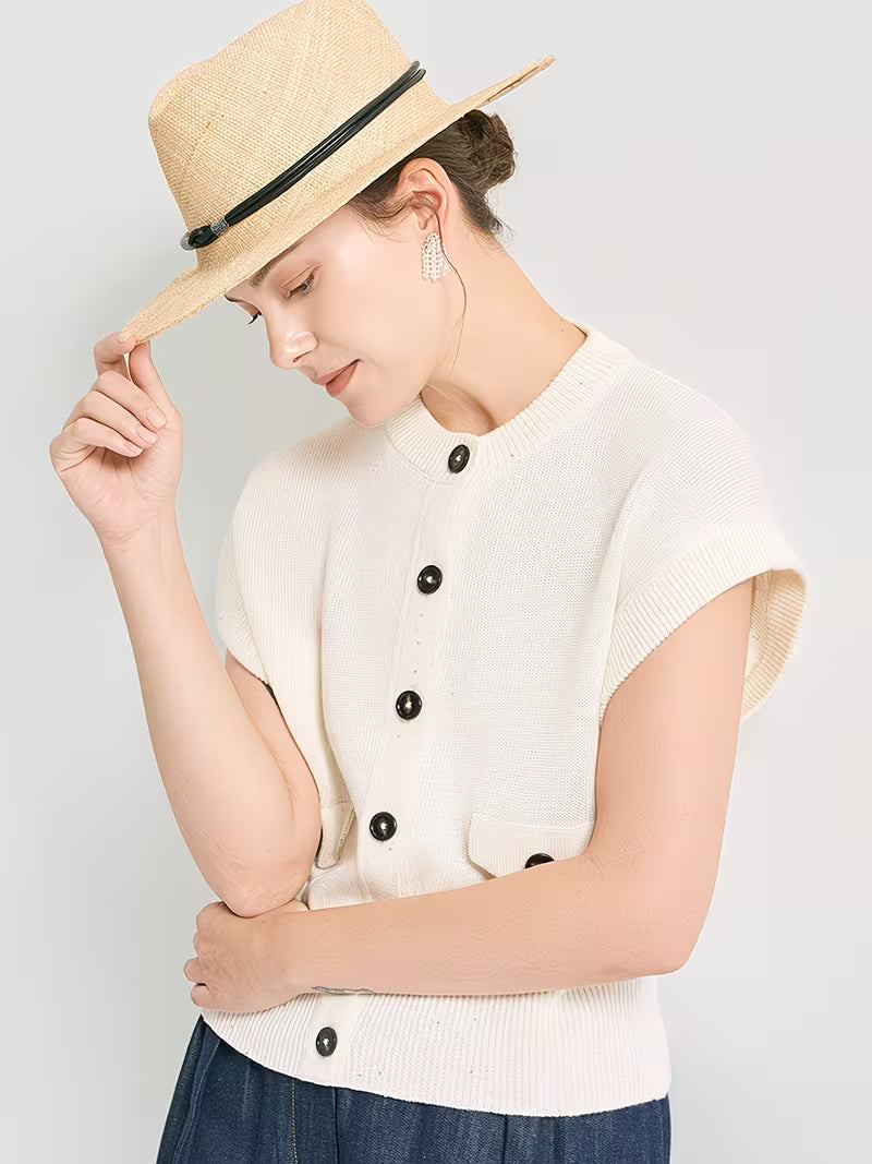 100% Linen Sequin Vest Women's Sleeveless Cardigan Elegant Round Neck Button Up Female Clothing