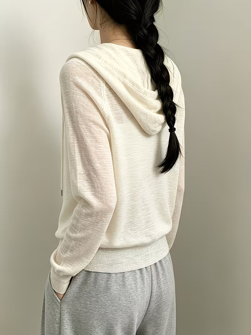 Korean Chic Summer Relaxed Zip-Up Hooded Loose Thin Sweater Women'S Long Sleeve Cardigan Jacket Trendy Fashion Commute Daily Versatile Jacket Sunscreen Shirt