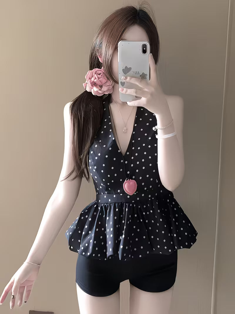 Women' Korean Dongdaemun Sexy V-Neck Halter Top - Backless High Waist Sleeveless Blouse Shirt with Polka Dot Bodice & Bud Hem