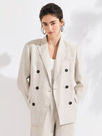 Women's Luxury Linen Blazer, 95% Linen with 100% Lining, Italian Inspired Double-Breasted Relaxed Fit Jacket, Lightweight Breathable Fabric