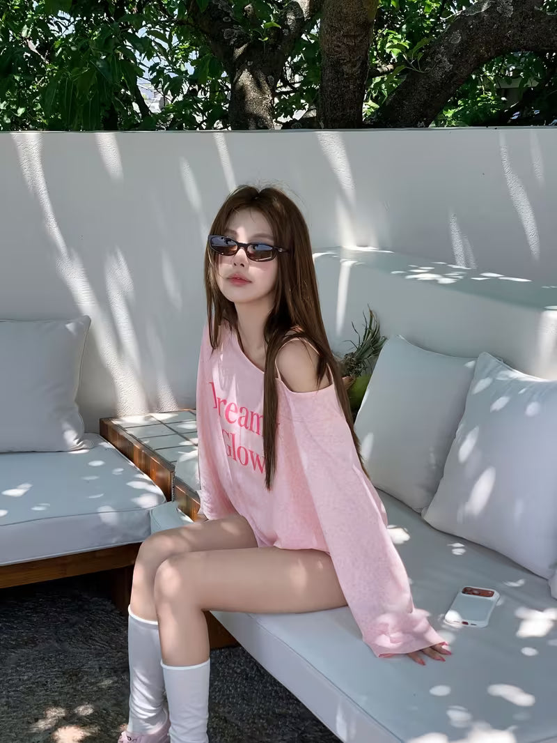 Korean Style Elegant Youthful Pink Letter Print Long Sleeve T-shirt Women Summer Thin Loose Casual Designer Niche Top