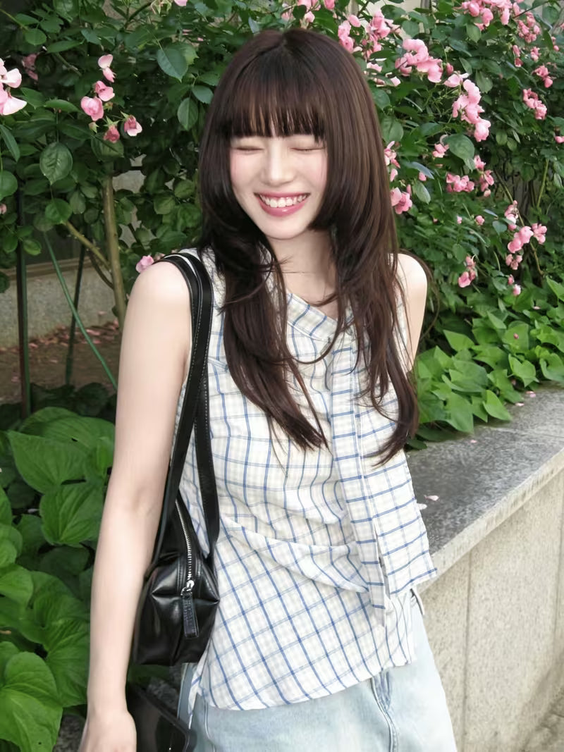 Korean Stand Collar Irregular Plaid Sleeveless Shirt for Women, Wide Tie Waist Slim Fitted Elegant Vest Top Summer