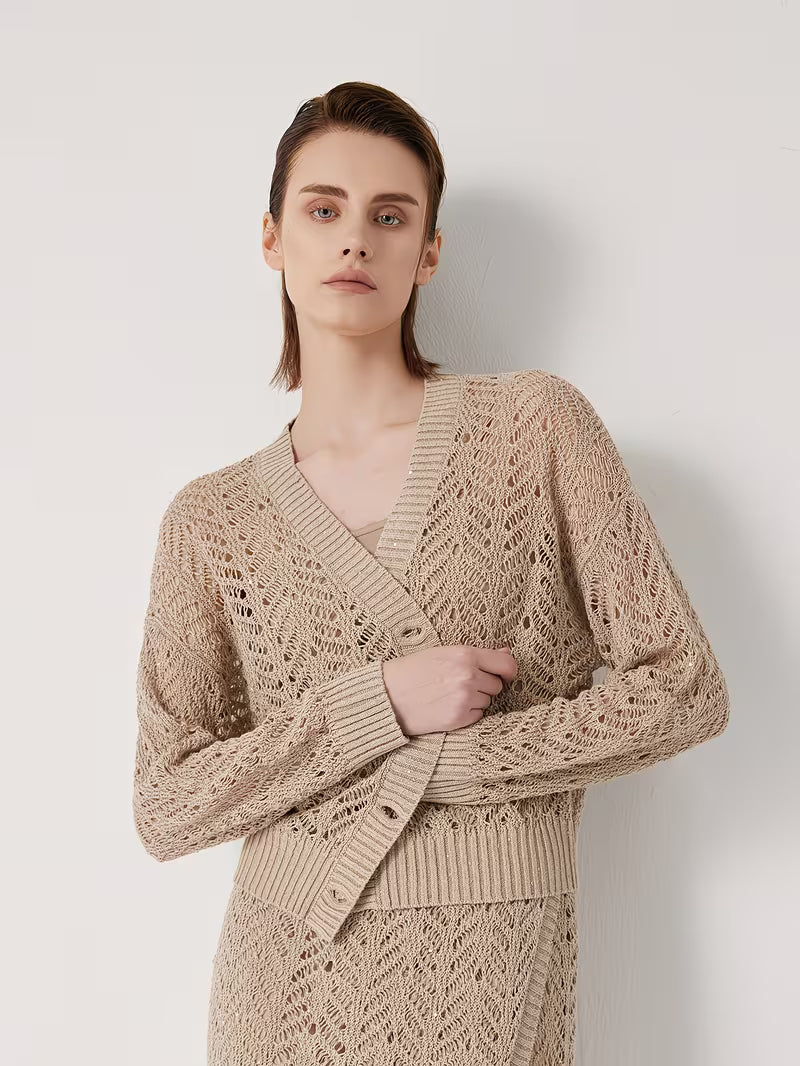 100% Linen Yarn | Elegant Deep V Neck Cardigan With Hollow Details, Regular Fit, Long Sleeves, Flared Hem