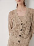 100% Linen Yarn | Elegant Deep V Neck Cardigan With Hollow Details, Regular Fit, Long Sleeves, Flared Hem