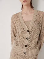 100% Linen Yarn | Elegant Deep V Neck Cardigan With Hollow Details, Regular Fit, Long Sleeves, Flared Hem