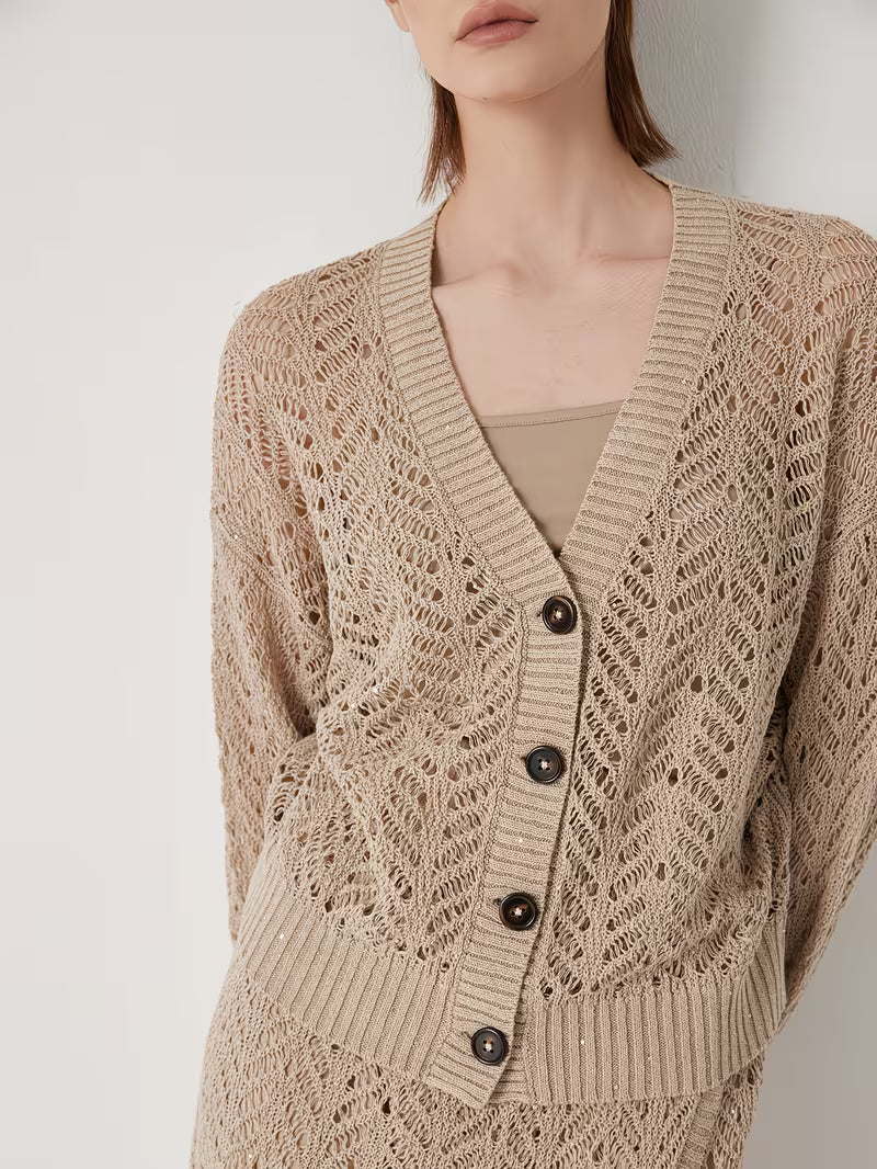 100% Linen Yarn | Elegant Deep V Neck Cardigan With Hollow Details, Regular Fit, Long Sleeves, Flared Hem