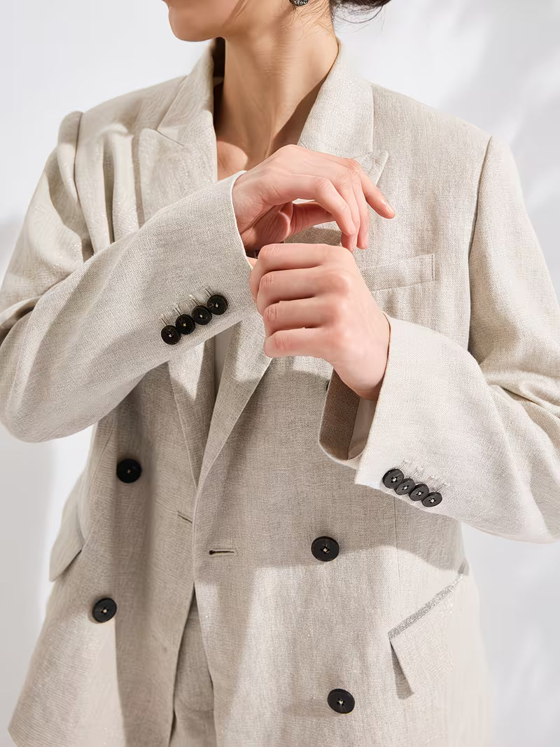 Women's Luxury Linen Blazer, 95% Linen with 100% Lining, Italian Inspired Double-Breasted Relaxed Fit Jacket, Lightweight Breathable Fabric