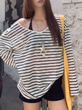 Women's Y2K Off-Shoulder Cover-Up Top - Striped Semi-Sheer Blouse Shirt with Medium Stretch, Loose Beachwear Suitable for Poolside, Bathing Suit Layering