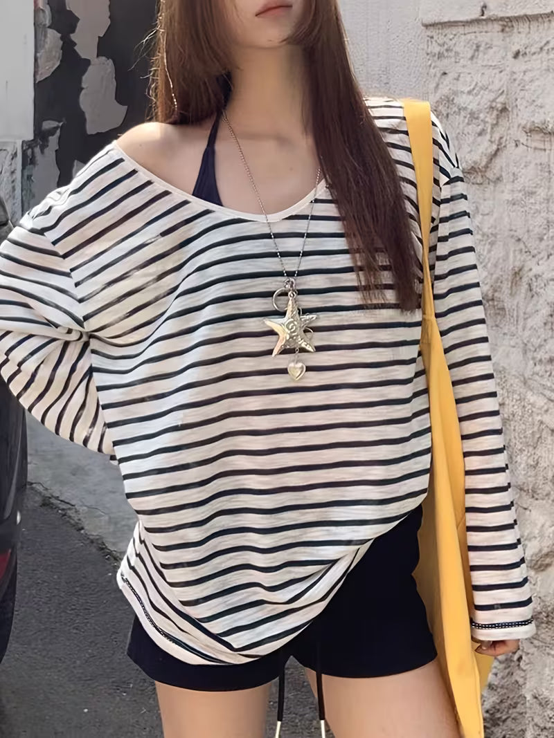 Women's Y2K Off-Shoulder Cover-Up Top - Striped Semi-Sheer Blouse Shirt with Medium Stretch, Loose Beachwear Suitable for Poolside, Bathing Suit Layering