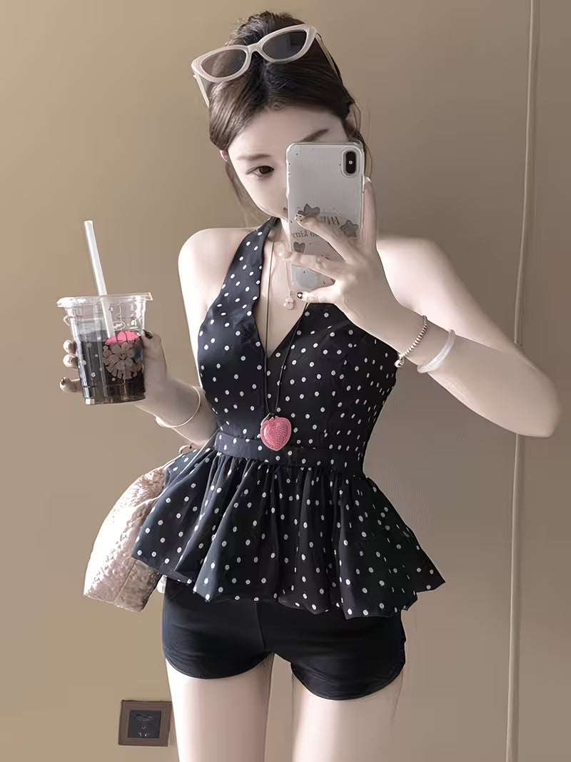 Women' Korean Dongdaemun Sexy V-Neck Halter Top - Backless High Waist Sleeveless Blouse Shirt with Polka Dot Bodice & Bud Hem