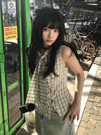 Korean Stand Collar Irregular Plaid Sleeveless Shirt for Women, Wide Tie Waist Slim Fitted Elegant Vest Top Summer