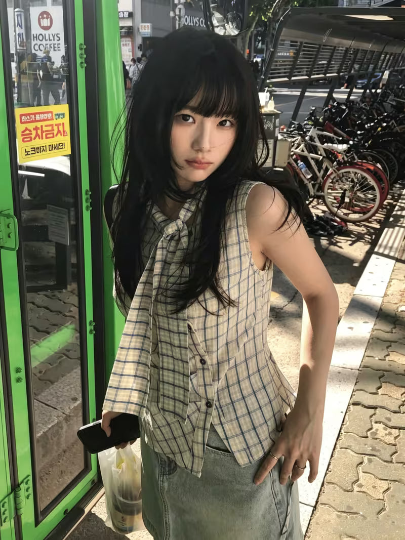 Korean Stand Collar Irregular Plaid Sleeveless Shirt for Women, Wide Tie Waist Slim Fitted Elegant Vest Top Summer