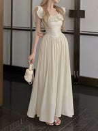 Women'S Summer French Sweet Waist- Dress, Stunning Vacation Long Dress, Ruffle Square Neck Flutter Sleeve Dress